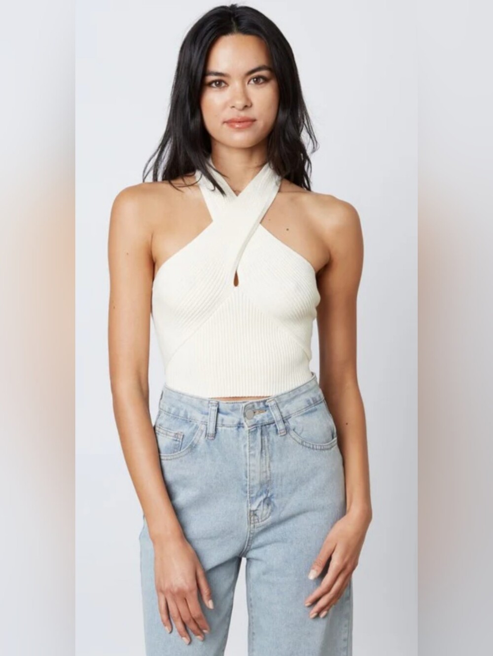 White Ribbed V-Neck Wrap Neck Tank Top